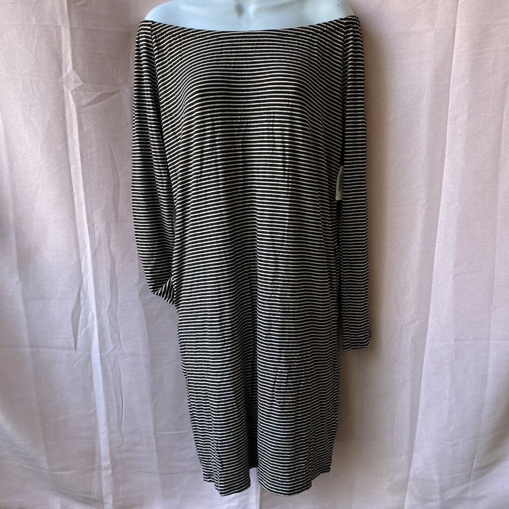 Essential Off Shoulder Long Sleeve Dress Women XS Black Stripped Side Pockets